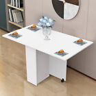 Mobile Drop Leaf Dining Table Folding Desk w/ 2 wheels Storage Shleves White